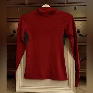 Under Armour deep red w black detail hooded performance shirt with scuba neck S